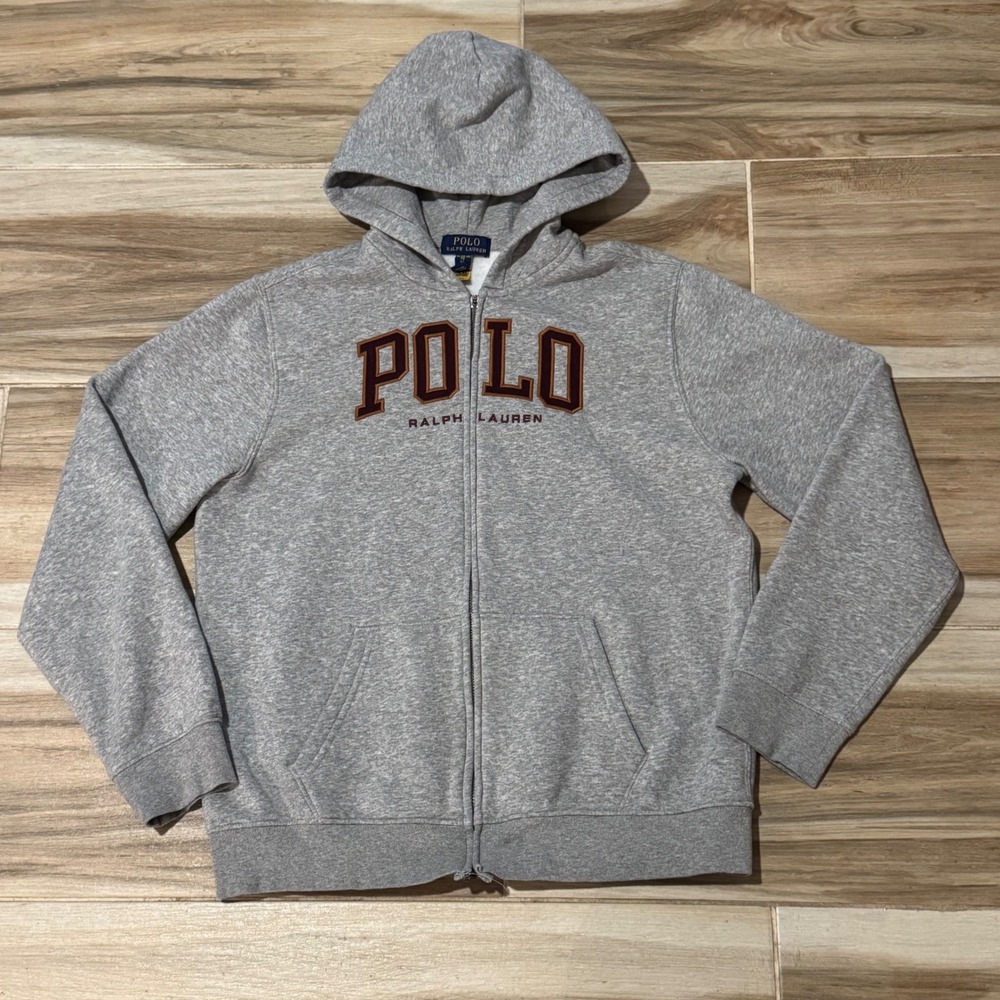 Polo Ralph Lauren Boys XL 18-20 Gray Spellout Full Zip Hoodie Fits Adult S / M